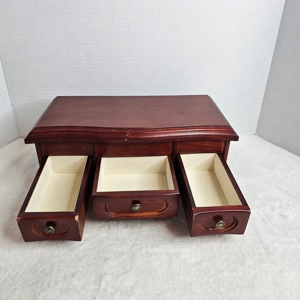 Brown Wood Rectangle Jewelry Box Organizer w/ Drawers, Ring Storage, 25+ pcs